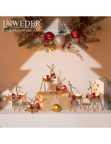 Portavelas de Reno Navideño Inweder - 6 Piezas Doradas