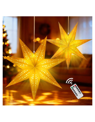 Linternas de Papel Estrella 3D OuMuaMua 60cm y 45cm con Luces LED