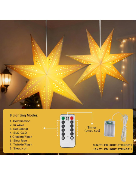 Linternas de Papel Estrella 3D OuMuaMua 60cm y 45cm con Luces LED