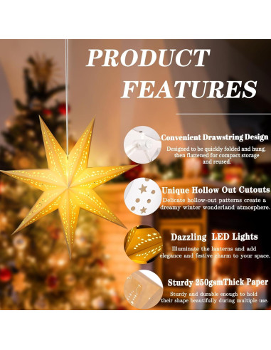 Linternas de Papel Estrella 3D OuMuaMua 60cm y 45cm con Luces LED