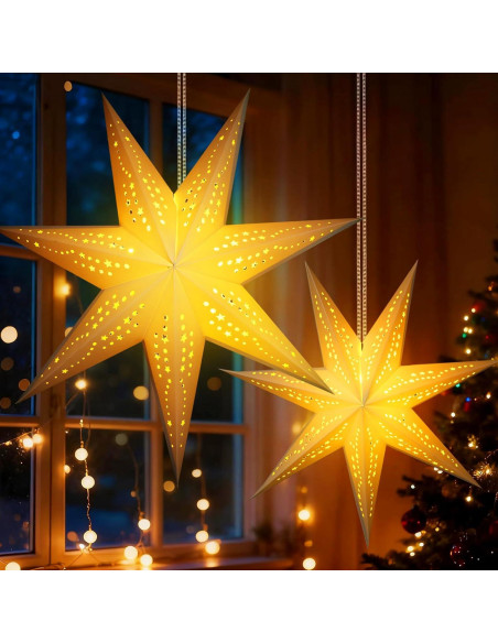 Linternas de Papel Estrella 3D OuMuaMua 60cm y 45cm con Luces LED