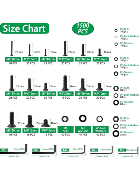 Juego de Tornillos y Tuercas Metrico LuKaiSen 1500PCS Acero 10.9