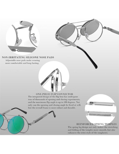 Gafas de sol redondas HJSTES plata espejo verde 50mm