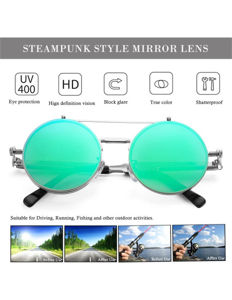 Gafas de sol redondas HJSTES plata espejo verde 50mm