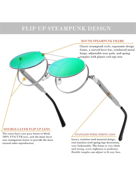 Gafas de sol redondas HJSTES plata espejo verde 50mm