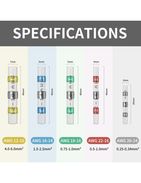 100 Conectores de Cable Termocontraíble Qizpcer 12-10 AWG Impermeables