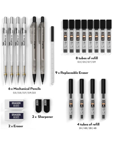 Conjunto de lápices mecánicos Nicpro 31 piezas 0.3-0.9mm