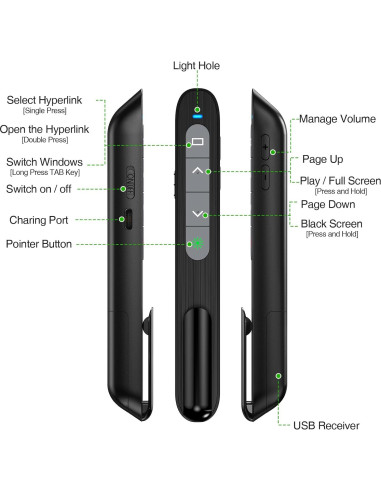 Clicker de Presentación Recargable USB C DinoFire con Luz Verde