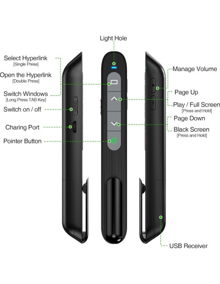 Clicker de Presentación Recargable USB C DinoFire con Luz Verde