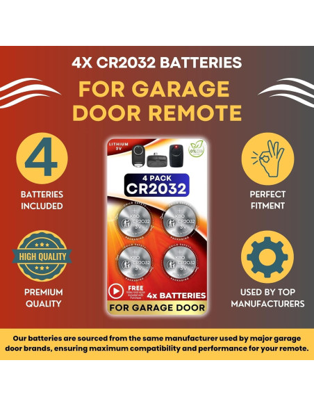Baterías CR2032 Litio 3V - Paquete de 4 para Abridores de Garaje