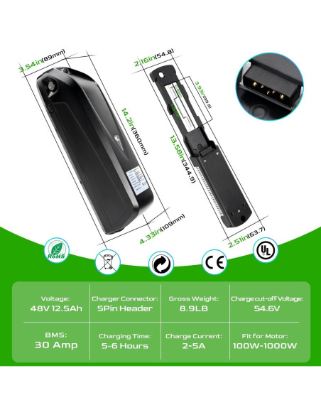 Batería de Litio 48V 12.5Ah CXZCXZ para Bicicletas Eléctricas