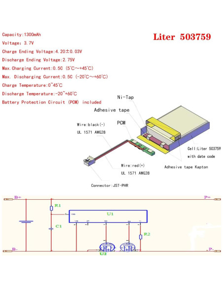 Batería Lipo Recargable 3.7V 1300mAh BIHUADE 503759