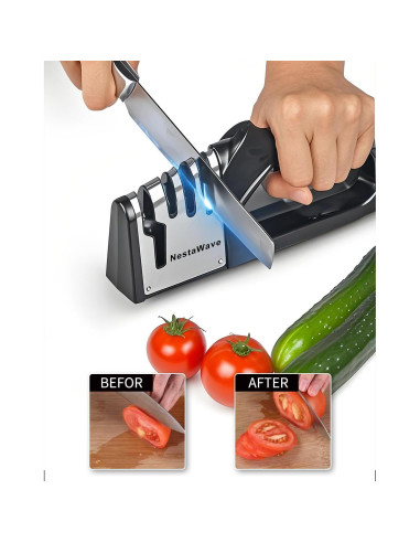 Afilador de cuchillos 4 en 1 NestaWave, acero inoxidable, negro/plata