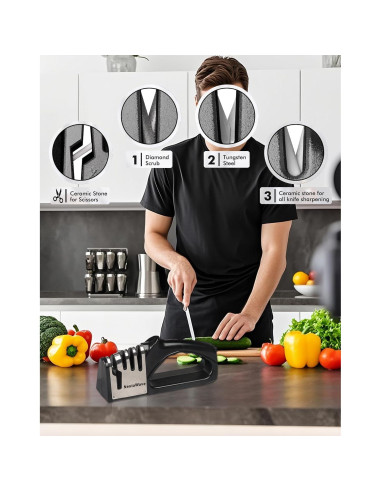 Afilador de cuchillos 4 en 1 NestaWave, acero inoxidable, negro/plata