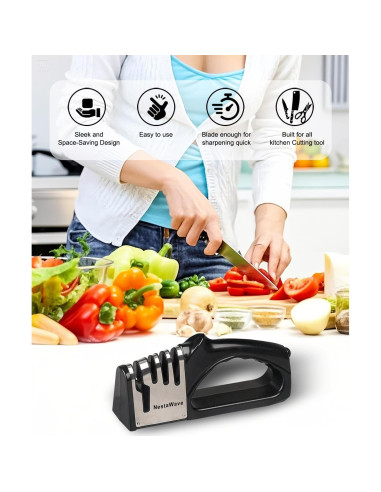 Afilador de cuchillos 4 en 1 NestaWave, acero inoxidable, negro/plata