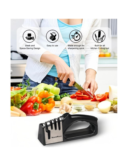 Afilador de cuchillos 4 en 1 NestaWave, acero inoxidable, negro/plata