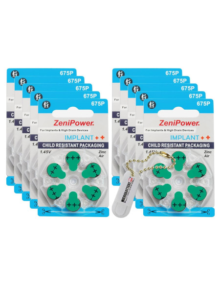 60 Baterías ZeniPower 675P para Audífonos de Aire Zinc