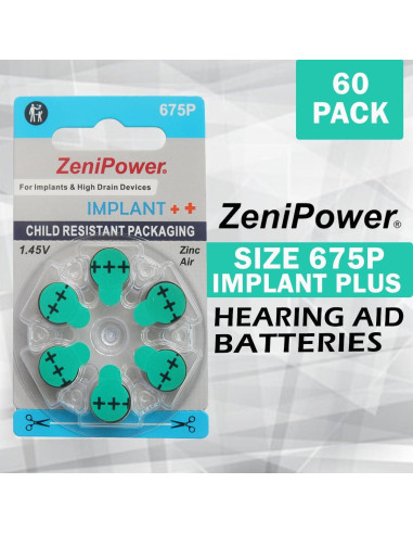 60 Baterías ZeniPower 675P para Audífonos de Aire Zinc