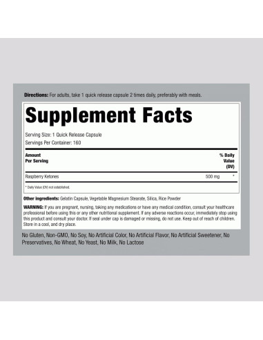 Cetonas de Frambuesa Piping Rock 500mg - 160 Cápsulas Sin OGM