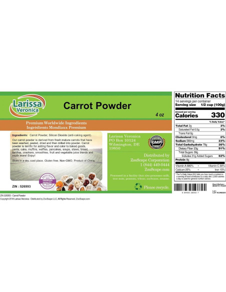 Polvo de Zanahoria 113 g Larissa Veronica Sin Gluten