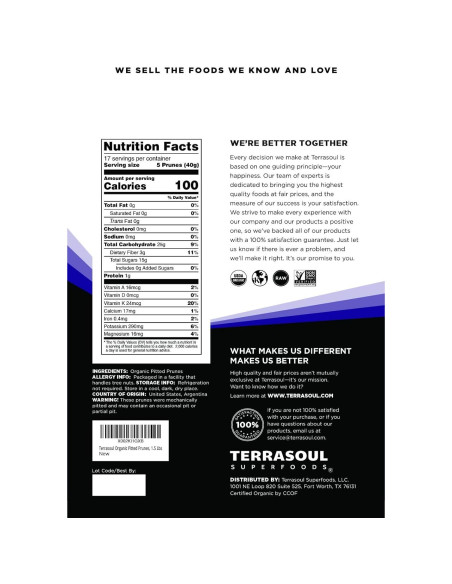 Ciruelas Pasas Orgánicas Sin Hueso Terrasoul 680g - Fibra y Vitamina K