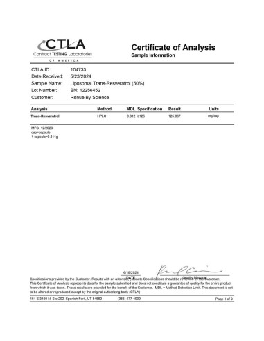 Suplemento de Resveratrol Liposomal Renue By Science 90 Cápsulas 125mg
