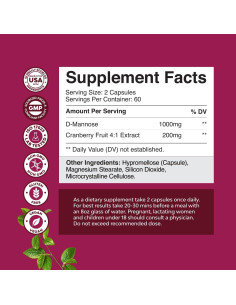 D Mannosa 1000mg con Arándano - Suplemento Urinario 120 Cápsulas 2