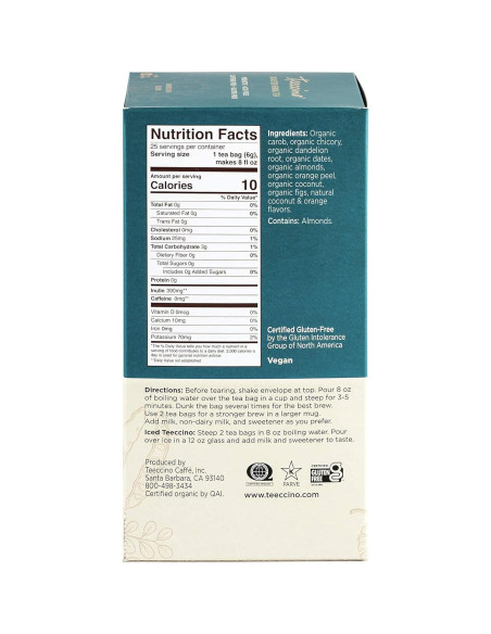 Teeccino Té Herbal Diente de León y Coco - 25 Bolsitas