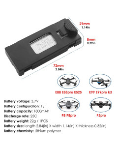 3 Baterías Li-Po 3.7V 1800mAh PUOO para Drones RC E88 E99 2