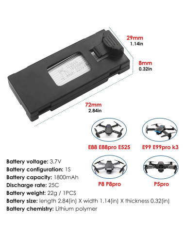 3 Baterías Li-Po 3.7V 1800mAh PUOO para Drones RC E88 E99