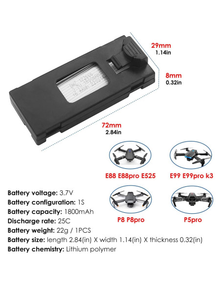 3 Baterías Li-Po 3.7V 1800mAh PUOO para Drones RC E88 E99