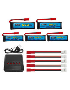 5 Baterías LiPo 3.7V 680mAh con Cargador 5-en-1 para Drones RC