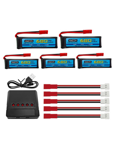 5 Baterías LiPo 3.7V 680mAh con Cargador 5-en-1 para Drones RC