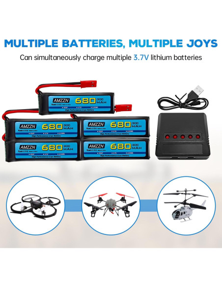 5 Baterías LiPo 3.7V 680mAh con Cargador 5-en-1 para Drones RC