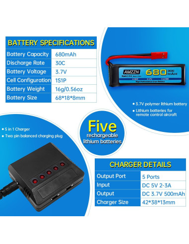 5 Baterías LiPo 3.7V 680mAh con Cargador 5-en-1 para Drones RC