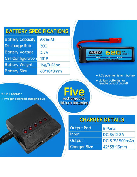 5 Baterías LiPo 3.7V 680mAh con Cargador 5-en-1 para Drones RC
