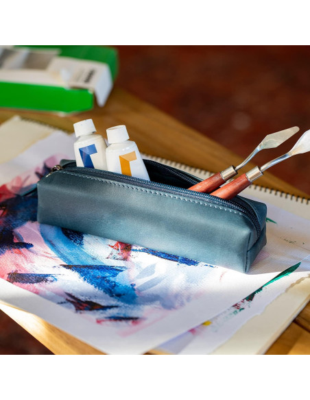 Estuche de Cuero Genuino Londo para Pluma y Cosméticos Azul