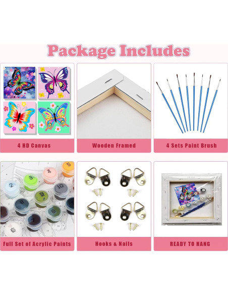 Kit de Pintura por Números xackcme 4 Piezas Mariposas 20x20 cm