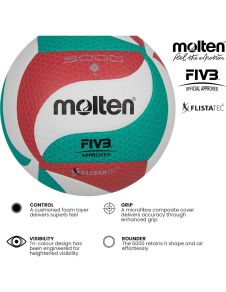 Balón de Voleibol Molten V5M5000 FIVB Tamaño 5 Blanco/Rojo/Verde