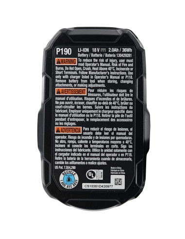 Batería de Ion de Litio Ryobi P190 18V 2.0Ah para Herramientas