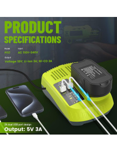 Batería de Reemplazo 18V 3000mAh + Cargador P117 Ryobi 2