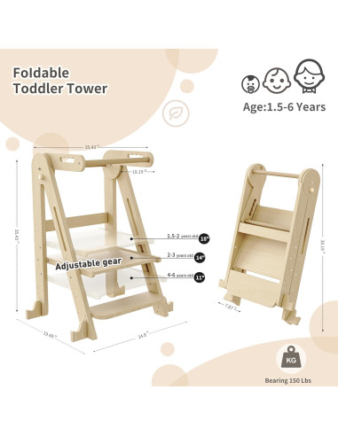 Escalera Plegable para Niños JPMKPD - Madera Natural, 2 Escalones