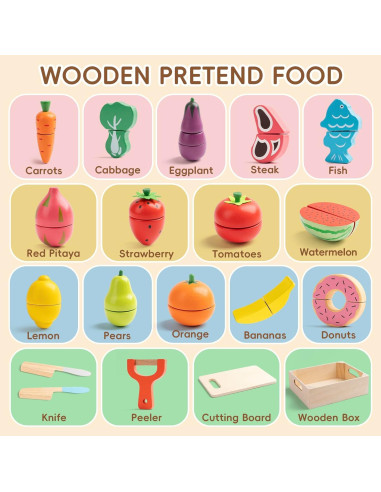Comida de Juguete de Madera KDSFT - 34 Piezas para Niños 3+