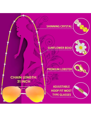 Cadena para Gafas Girasol Feliz - Cristales Amarillos 78.74 cm
