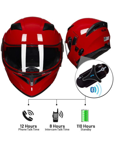 Casco de Motocicleta Bluetooth ILM 902BT Doble Visera Rojo Grande