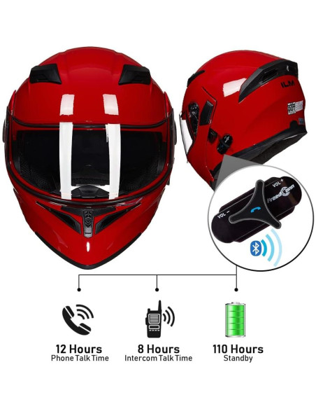 Casco de Motocicleta Bluetooth ILM 902BT Doble Visera Rojo Grande