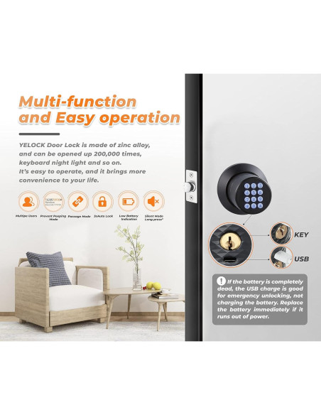 Cerradura de Pomo Electrónica Buoan YL-98 Negra con Teclado