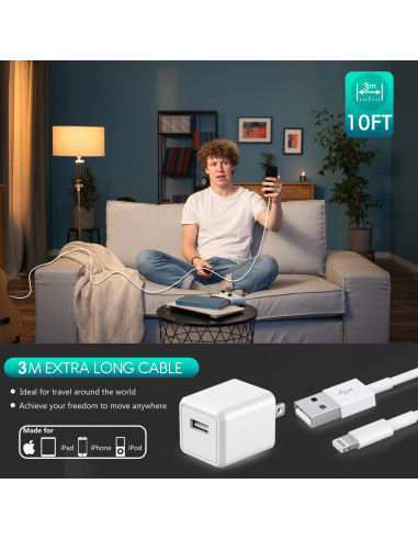 3 Pack Cargador iPhone 10FT MFi Apple USB Blanco