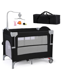 Cuna Lateral JOYMOR 4 en 1 para Bebés con Alfombra y Música