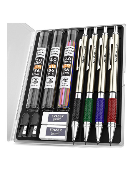 Conjunto de Lápices Mecánicos Nicpro 4 PCS 2mm con 108 Recargas